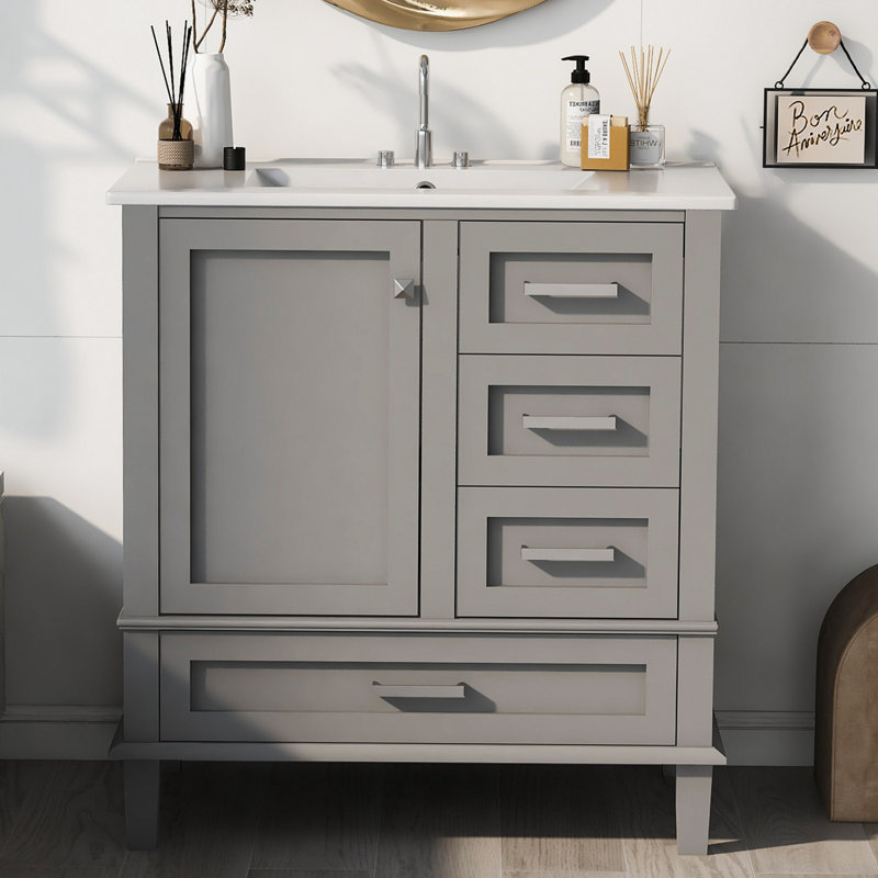 Ensemble de meuble-lavabo simple 30,00 po avec dessus en céramique Temon, Gris