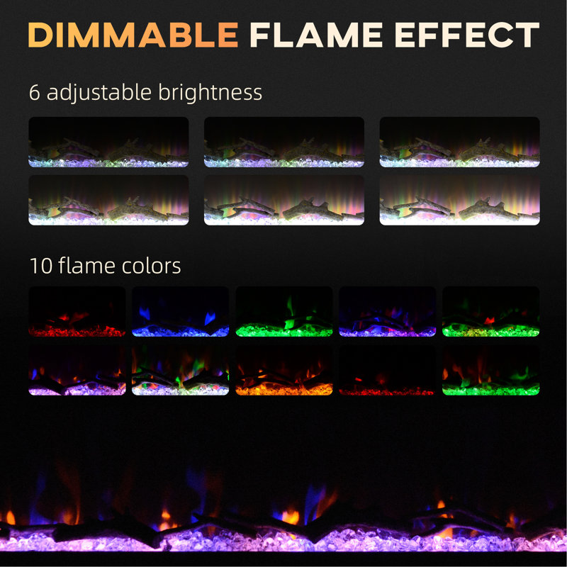 40" Recessed Electric Fireplace: 1500W Heater With Remote, Adjustable Flame Color & Brightness, Log Crystal, 8H Timer, Black Steel Heater, Remote-Controlled, Flame,