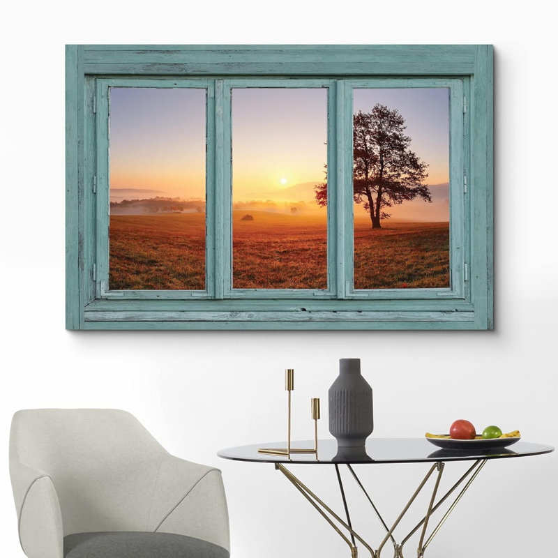 «Window View Of Sunrise Over Misty Field Nature Images Rustic Landscape Vibrant» sur toile, H 24 po x l 36 po