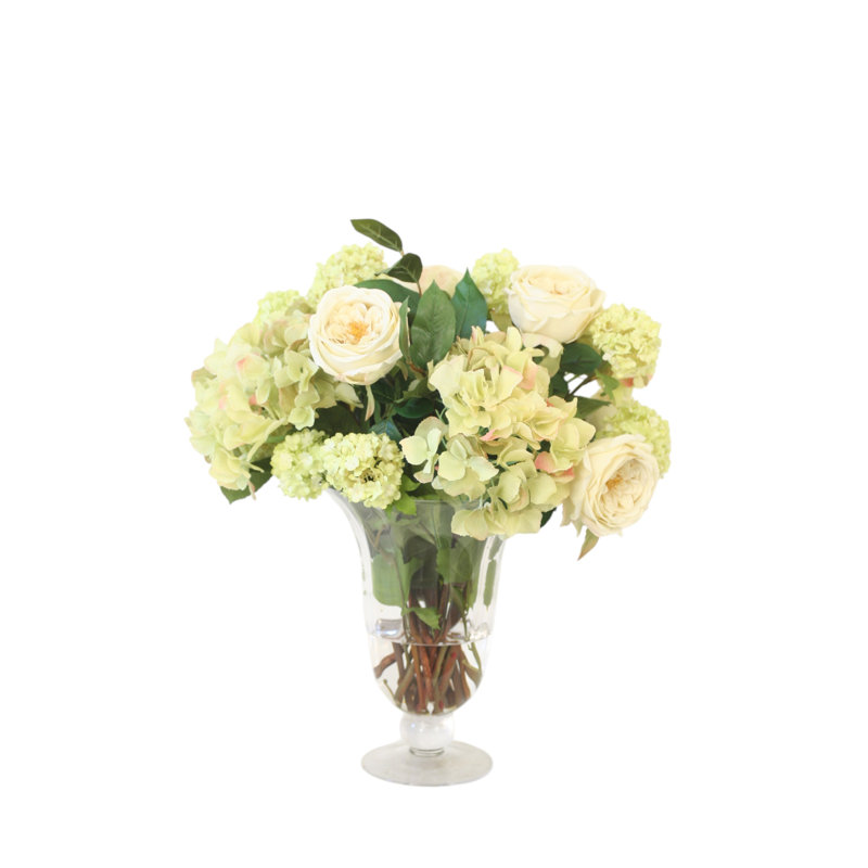 Rose, Hydrangea and Snowball in Flared Vase