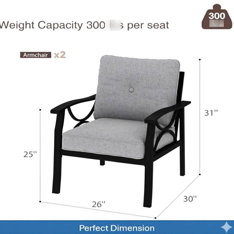 2 fauteuils en métal toutes saisons avec structure noire et coussins gris, revêtement rouille, installation rapide pour fauteuil de piscine, chaises élégantes
