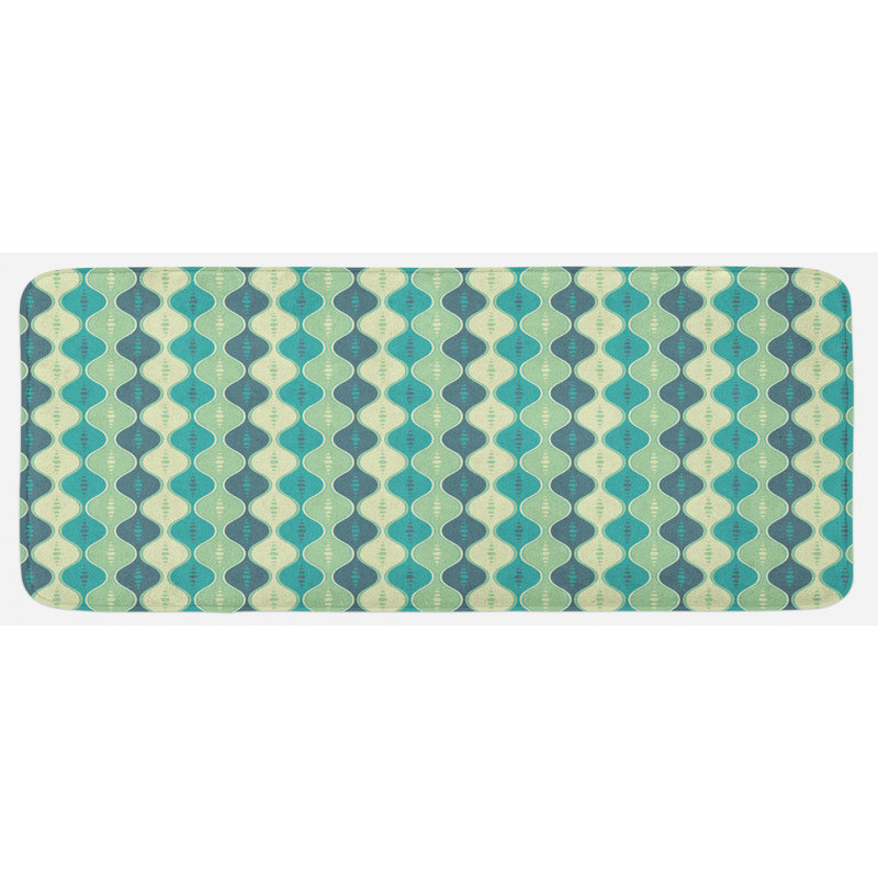 Tapis de cuisine bleu essence vert de couleur rétro incurvée avec des lignes verticales ovales incurvées avec des pointillés classiques