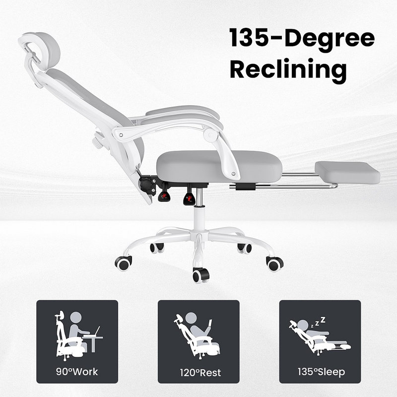 Ergonomic Office Chair With Footrest, Mesh Office Desk Chair With Headrest, High Back Computer Chair With Adjustable Lumbar Support For Home Office Study Room Bedroom
