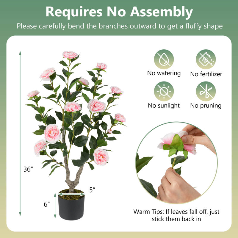 2 pièces 36 "Camellia artificiel arbre artificiel en pot plante verte moderne, Vert / rose