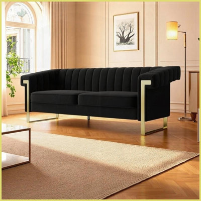 Modern Luxury 3-Seater Chesterfield Sofa - Black Velvet with Gold Legs &amp; Channel Tufting for Living Room