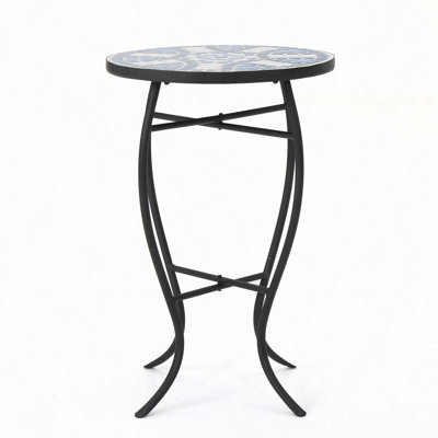 Outdoor Round Side Table With Mosaic-Style Top And Curved Iron Legs, End Table