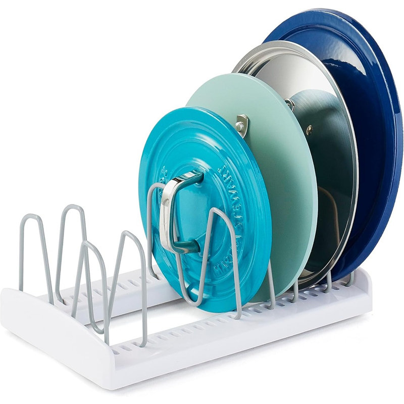 Support réglable pour couvercle de casserole réglable - Support de couvercle de batterie de cuisine extensible pour armoire et comptoir, rangement de cuisine peu encombrant (blanc)