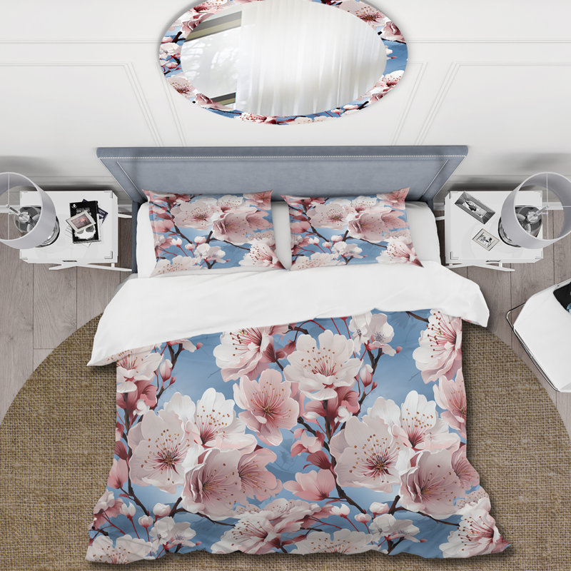 Ensemble de housse de couette à motif floral cerisier rose et bleu I, Housse de couette pour très grand lit et 2 très