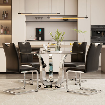 47.2" Round Glass Dining Table Set For 4, 5 Piece Clear Glass Kitchen Table With Silver Stainless Steel Base & 4 PU Leather Chairs