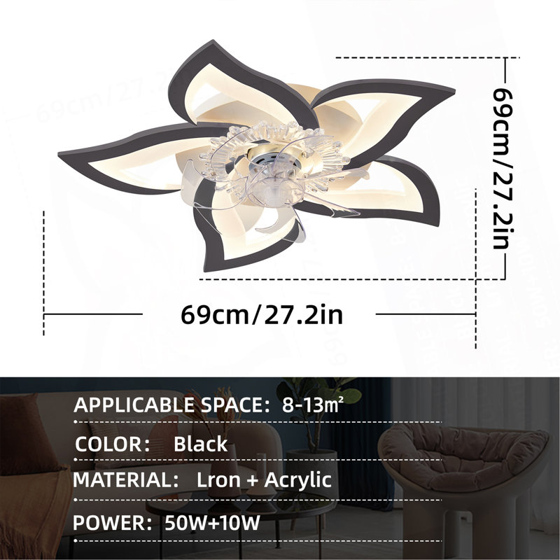 Ventilateur de plafond 27 pouces avec lumières DEL à contrôle variable à distance, ventilateur à 6 vitesses