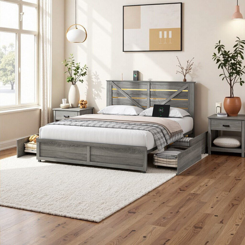 Élégante base de lit de rangement grand format avec éclairage DEL et 4 tiroirs - Base en lattes de métal gris rustique, aucun sommier nécessaire
