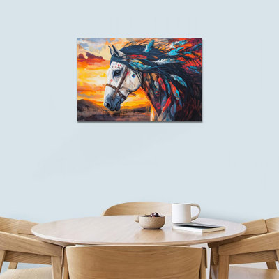 Native American Canvas Wall Art Chief Horse Feather Headdress Picture Prints Western Sunset Painting for Home Living Room Bedroom Decor Framed Ready to Hang, 12×16 Inches