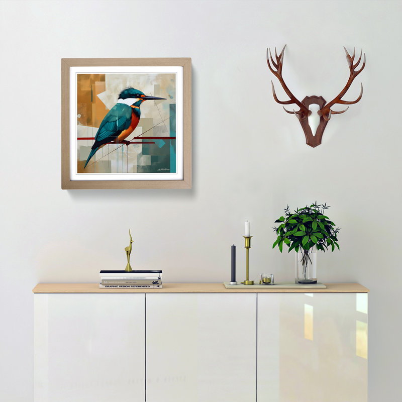 Kingfisher Suprematism No.2 - Single Picture Frame Print on Wood, Oak