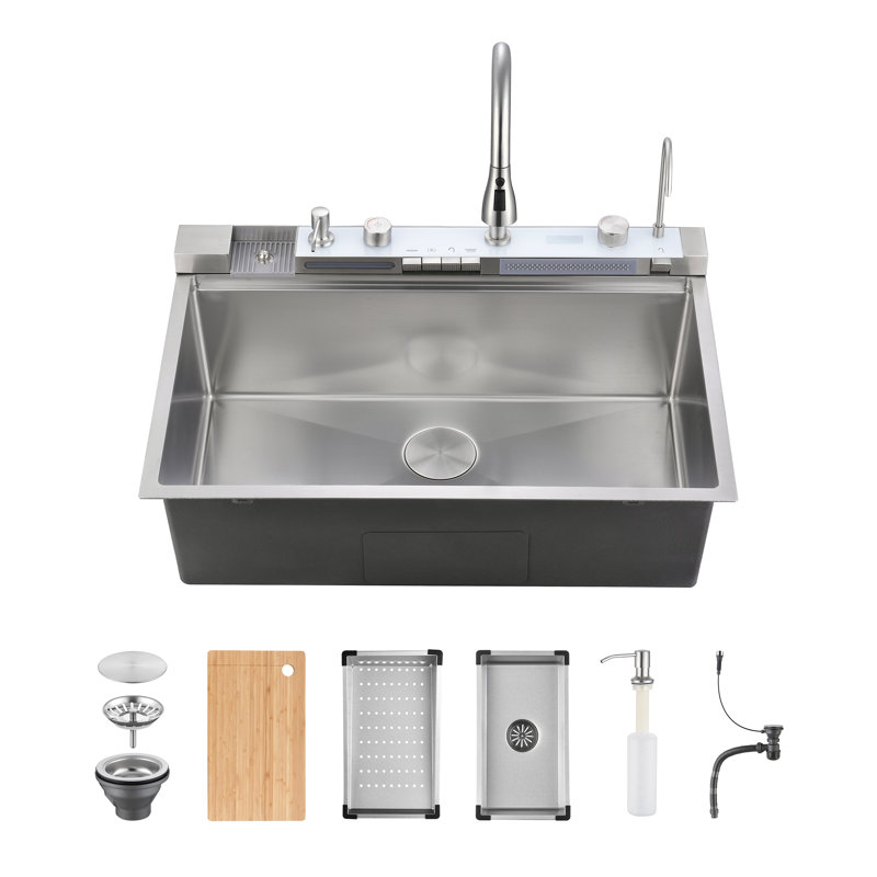 33" Drop-in Single Bowl Stainless Steel Kitchen Sink with Digital Display Workstation Sink - Pull-Down Sprayer, Pressurized Cup Washer