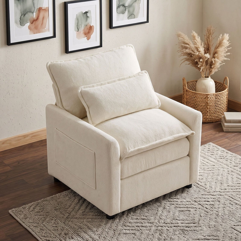 Fauteuil d'appoint à siège unique avec coussin, coussin lombaire, accoudoirs et poches de rangement, Beige