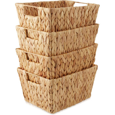 Set Of 4 Water Hyacinth Storage Baskets With Handles - Natural, Woven Rectangular Storage Bins For Shelves, Blankets, Laundry Organization