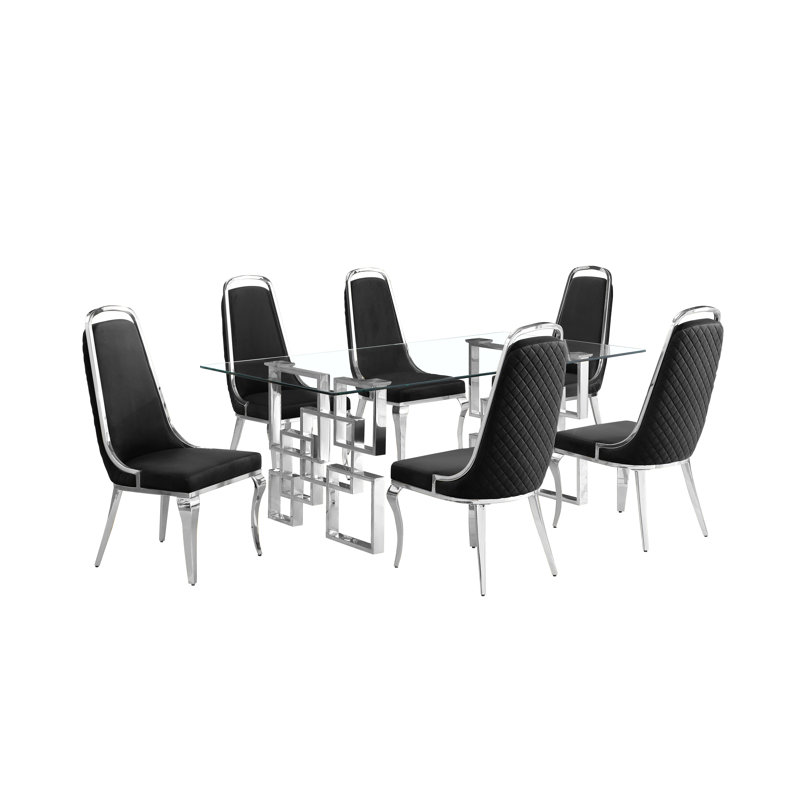 Godley 6 - Person Glass Top Double Pedestal Dining Set, Black