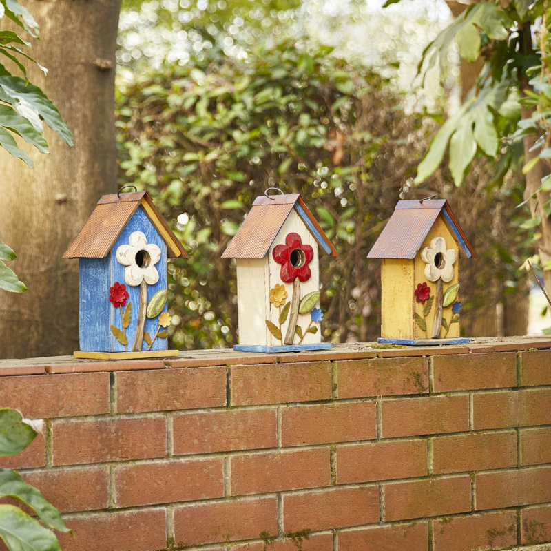 Yellow Distressed Solid Wood Birdhouse with 3D Flowers