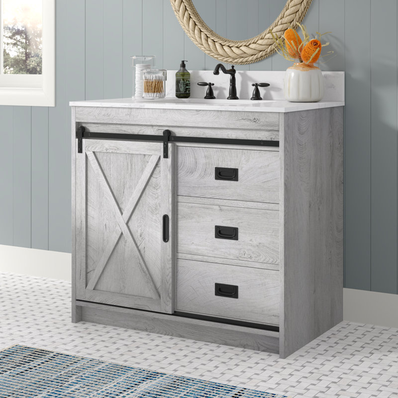 Jillian 36'' Single Bathroom Vanity with Engineered Stone Top, White Wash/Matt Black