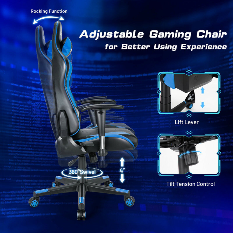 Fauteuil de jeu et de course inclinable ergonomique en similicuir Gymax, Bleu