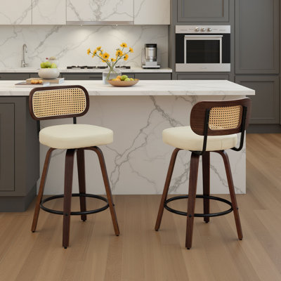 Set of 2 Rattan Counter Stools with Cane Back & Swivel Base, for Kitchen Island