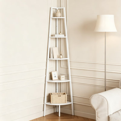Étagère d'angle à 5 niveaux avec structure métallique, étagère échelle de style industriel pour salon, chambre, balcon, meuble de rangement de coin haut, bois rustique et acier noir