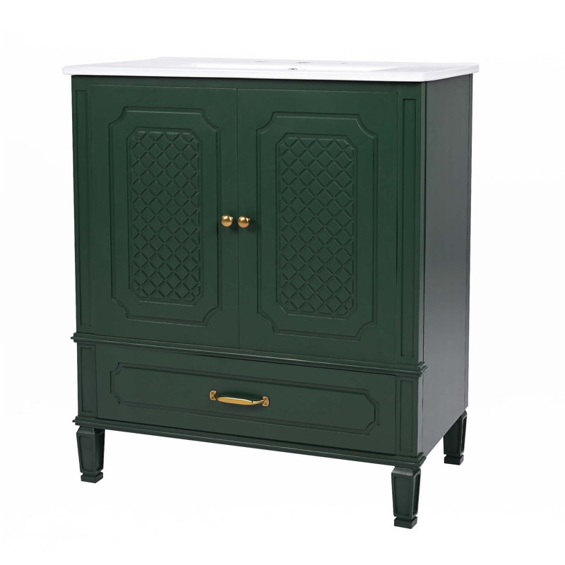 Meuble-lavabo 30 po avec lavabo style rétro, Vert foncé, Doré