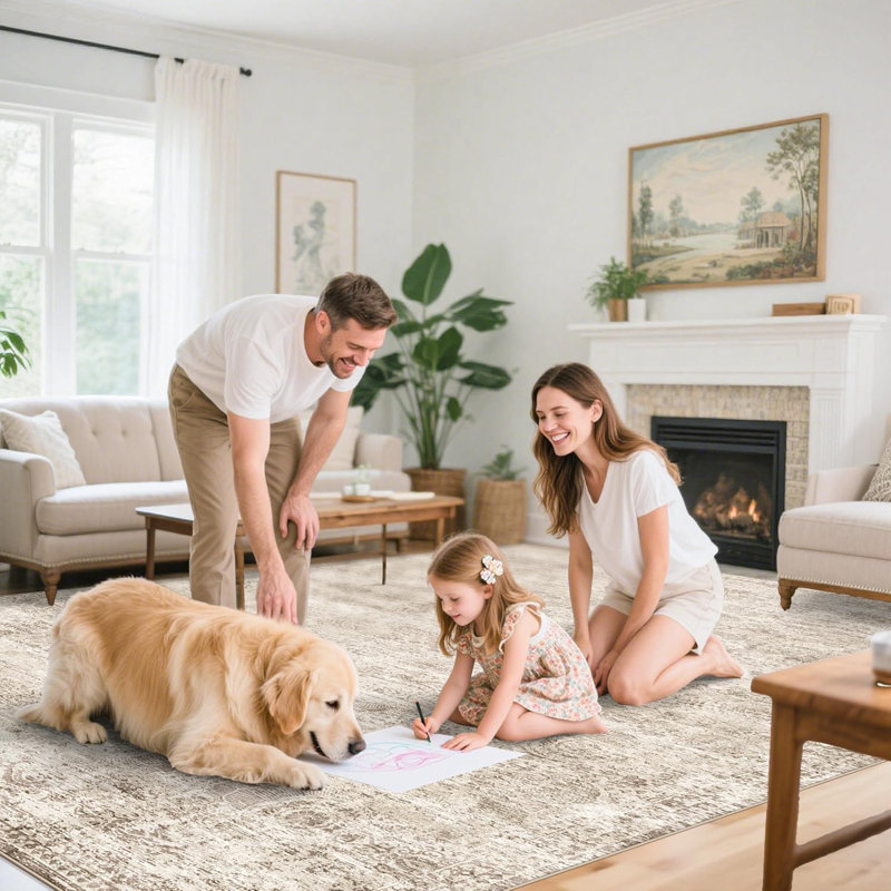 Washable Oriental Area Rug - 9x12 Rugs for Living Room Soft Carpet for Bedroom Waterproof Floral Distressed Indoor Stain Resistant Non-Shedding Floor Carpets (Beige Brown, 9x12)