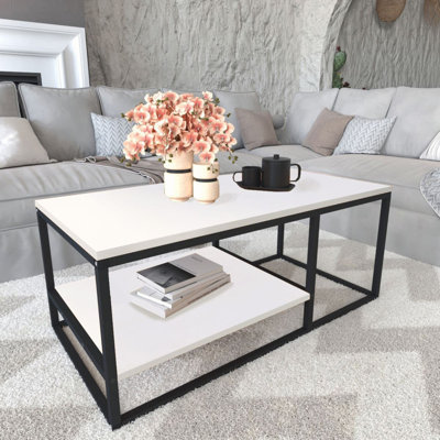 2-Shelf Wooden Rectangle Coffee & Side Table With Metal Frame