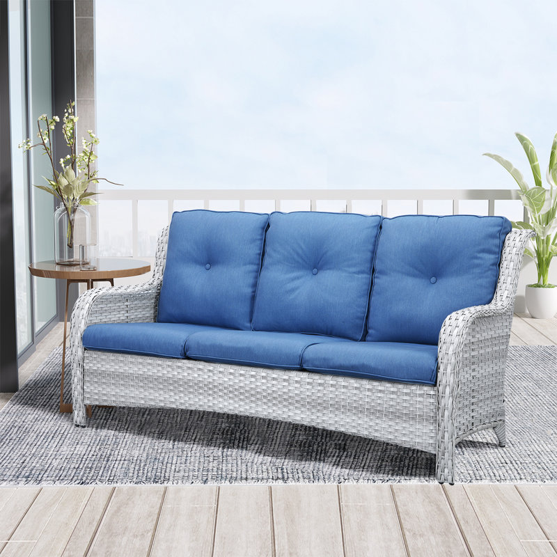 Tonry 74'' Wide Rectangle Wicker Patio Sofa with Cushions, Light Gray Frame/Navy Cushion
