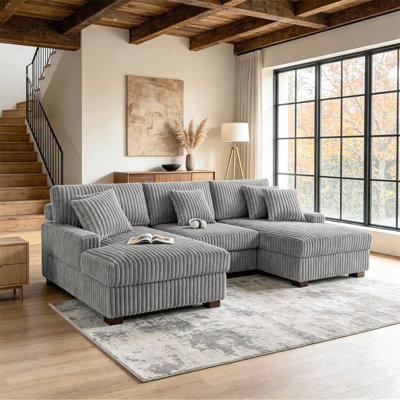 3 - Piece Upholstered Light Gray Faux Rabbit Fur Flannel Modular Sectional Sofa with Armrests & Throw Pillows