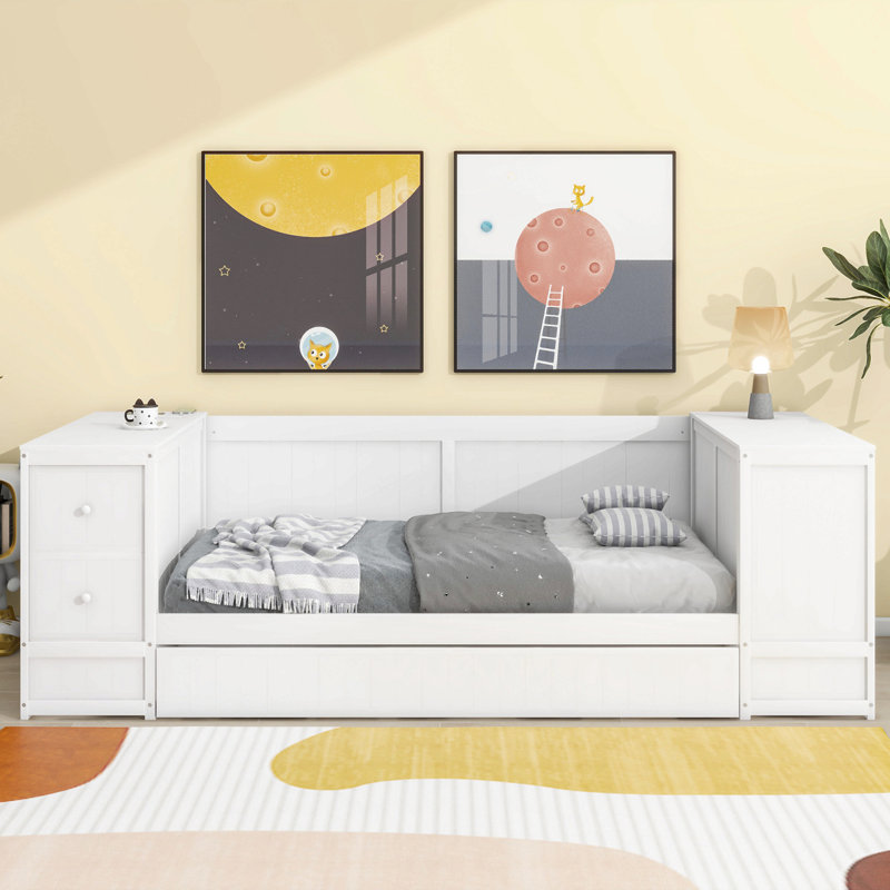 Lit de jour simple avec accoudoirs de rangement, lit gigogne et station de charge, Blanc