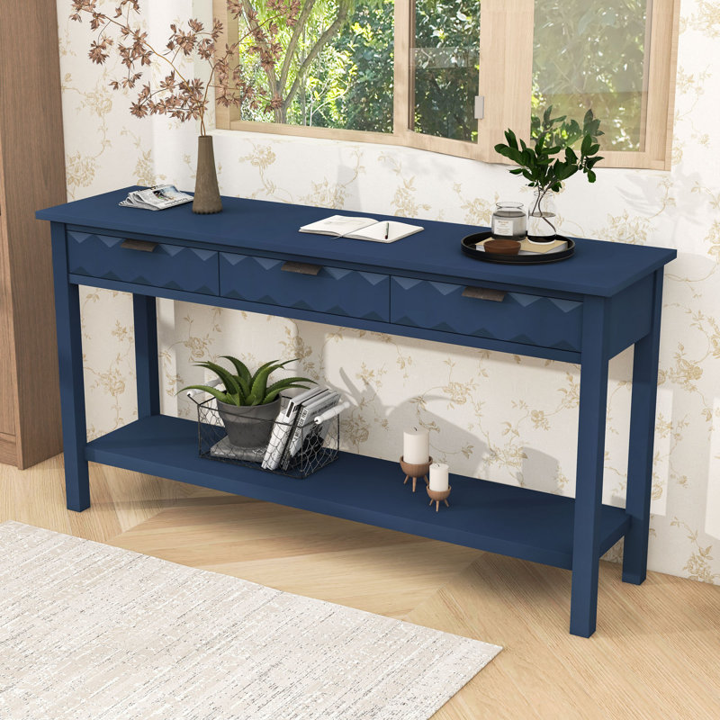 Console rustique en nid d'abeille avec 3 tiroirs de rangement et tablette ouverte, Marine