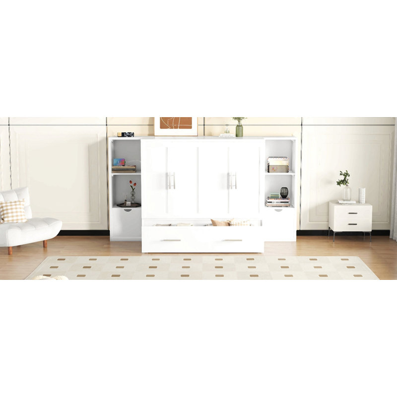 Lit escamotable avec tablettes, tiroirs et ports USB Murphy, Blanc, Grand lit