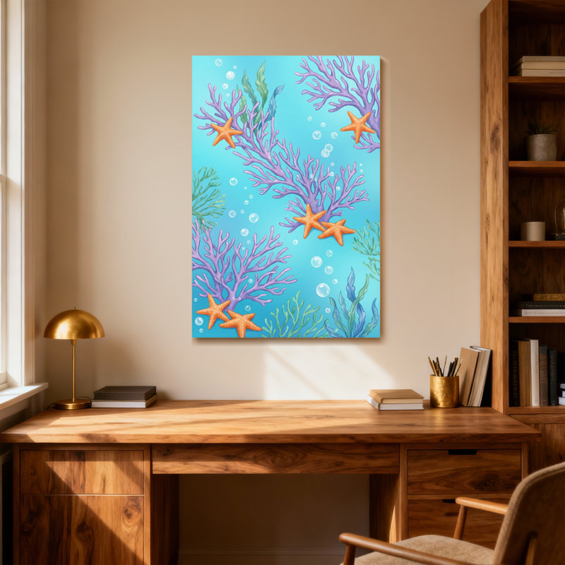 Plantes et fleurs, corail, étoile de mer, bulles, scène sous-marine, H 36 po x l 24 po