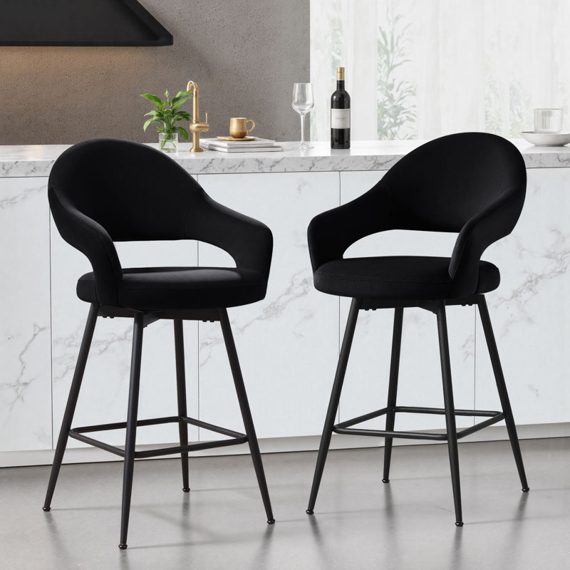 26" Swivel Upholstered Counter Stool with Metal Frame (Set of 2), 2, Black
