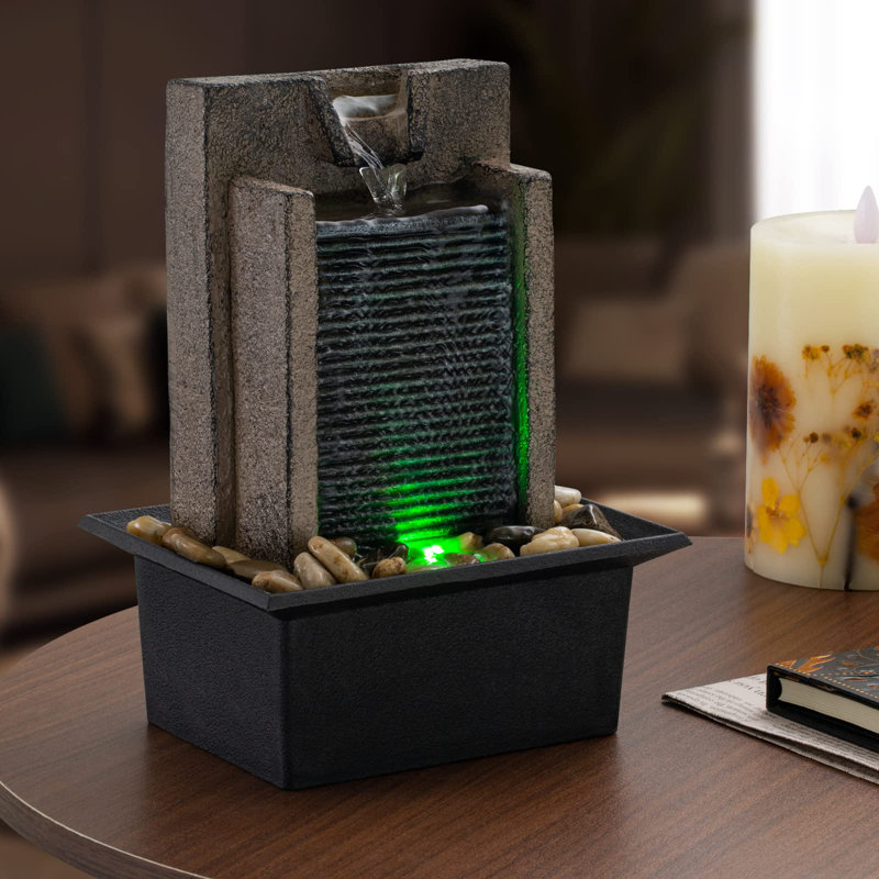 Modern Resin Tabletop Fountain with Colorful Lights and Natural River Rocks