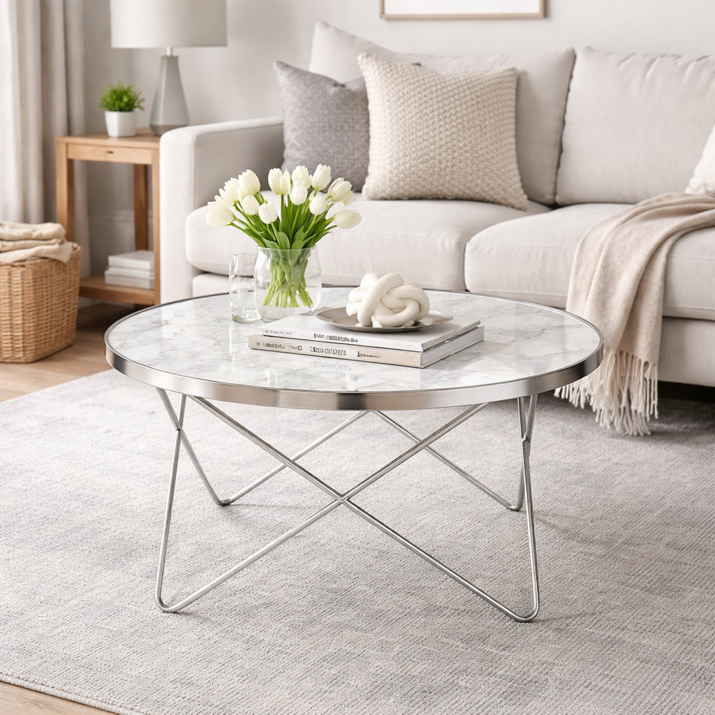 Orren Ellis 32" Modern Round Marble Effect Coffee Table with Geometric Metal Base, Small Living Room Accent Table Orren Ellis