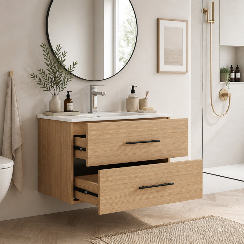 Meuble-lavabo mural de 76 cm (30 pouces) avec lavabo en céramique, double tiroir et longue poignée en métal
