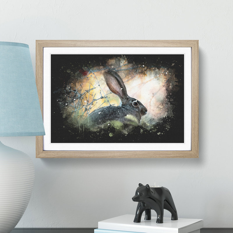 Hare in the Bushes - Picture Frame Graphic Art Print, 33cm H x 45cm W x 2cm D, Oak Framed