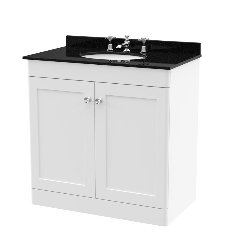 Classique 820mm Single Bathroom Vanity with Drop In Vitreous China Basin, Satin White, Black