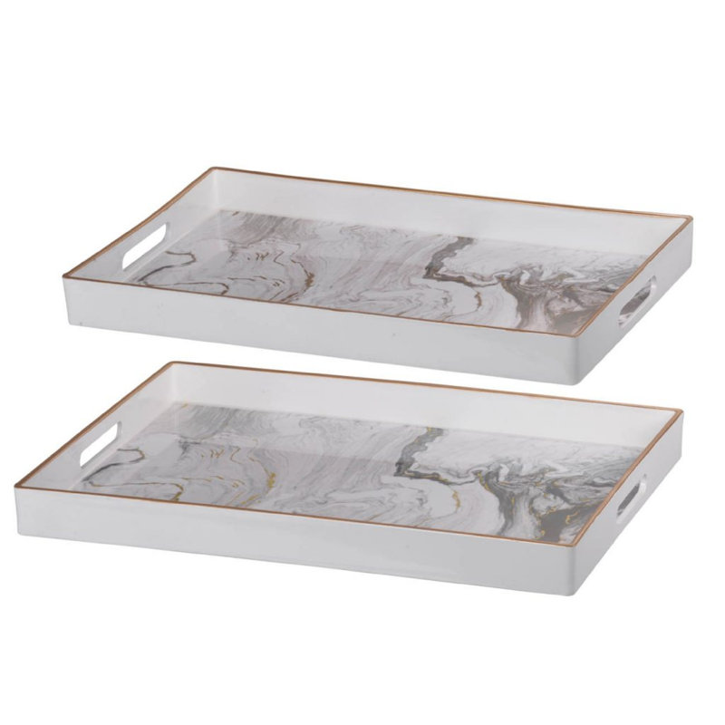 Fara Rectangular Tray Set Of 2, Marble Design, Cutout Handle, White Plastic, White/Gray/Gold