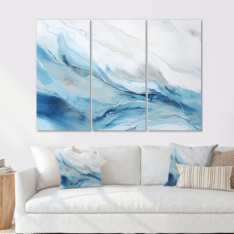 «White and Blue Glacier Charm», ensemble d'art sur toile formes abstraites, H 32 po x l 48 po x P 1 po, Toile tendue