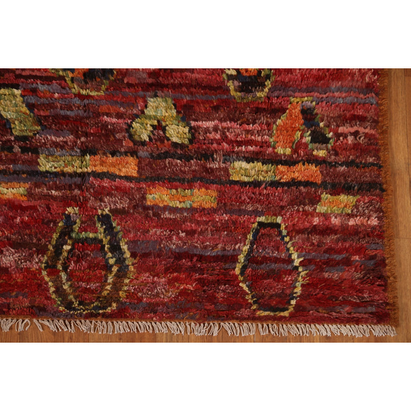 Tapis rouge en laine noué à la main de conception unique 5 pi 4 po x 7 pi 11 po New Age