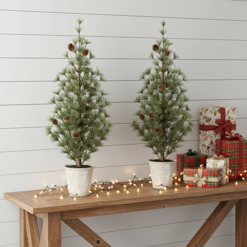 Ensemble de deux mini pins artificiels 32 "avec pommes de pin dans des pots brun rustique
