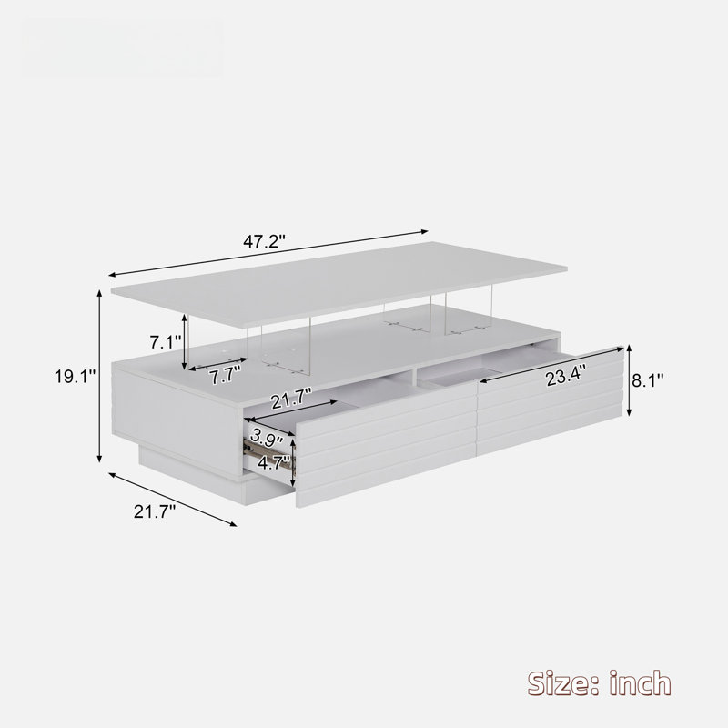 Modern Rectangular Coffee Table With Led Lights, 2 Drawers And Open Storage Shelf, White