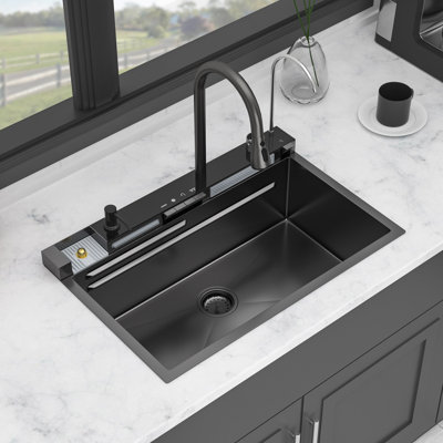 Gunmetal Black Kitchen Sink, Waterfall, Multifunction Single Bowl, 16 Gauge Stainless Steel, Ledge Workstation, Top Mount | Gift Idea