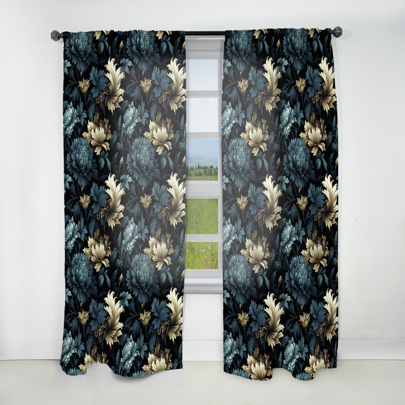 Dark Blue And Golden Gilded Damask Glamour VII - Bohemian Velvet Curtain - Room Darkening - 1 Panel, 52" W x 120" L