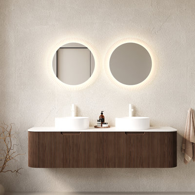 Ensemble de meuble-lavabo 60 po 60 po, 2 tiroirs, 2 lavabos ronds blancs en céramique et un plateau en pierre frittée blanc de Carrare, pré-assemblé, couleur grain de bois foncé