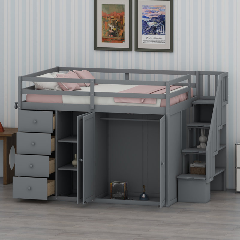 Lit mezzanine peu encombrant avec armoires encastrées, armoires et tiroirs, Gris